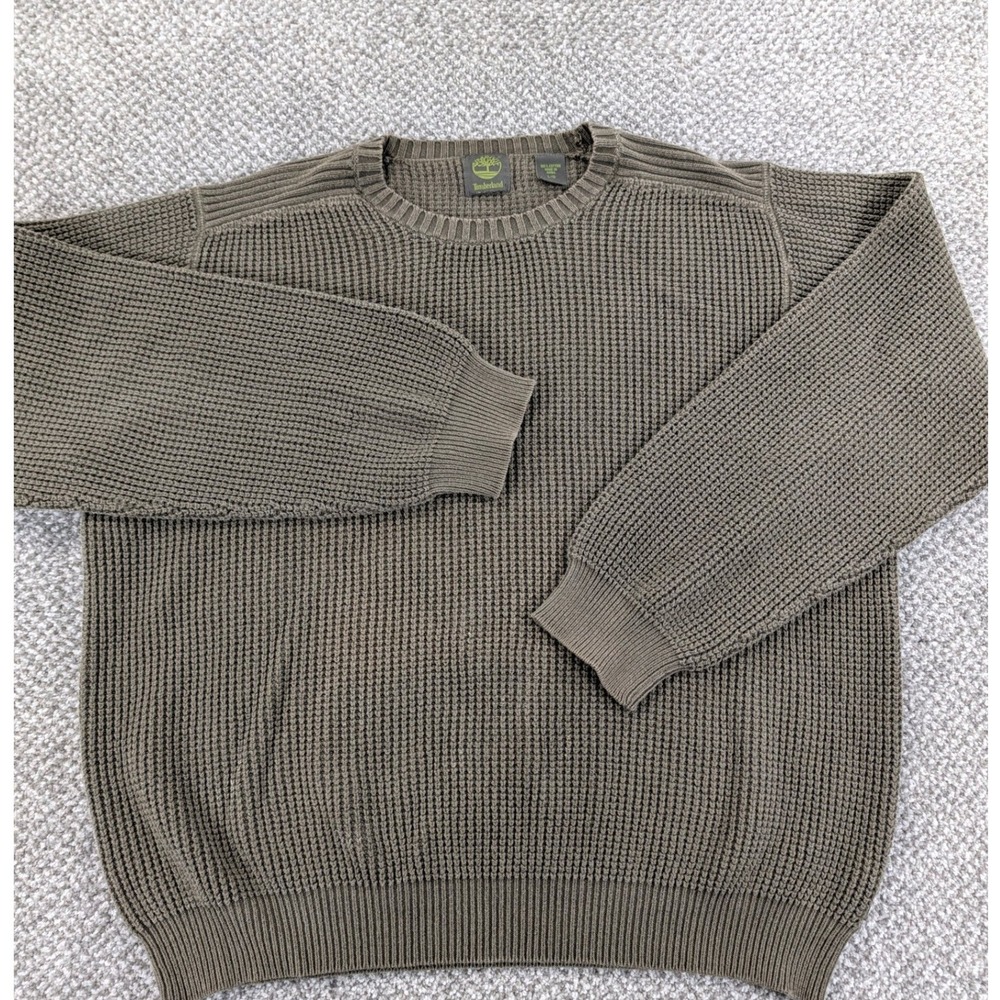 Timberland Mens Large Olive Green 100% Cotton Waffle Knit Crewneck Sweater